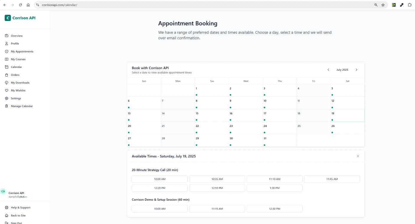 corrison api calendar book appointment